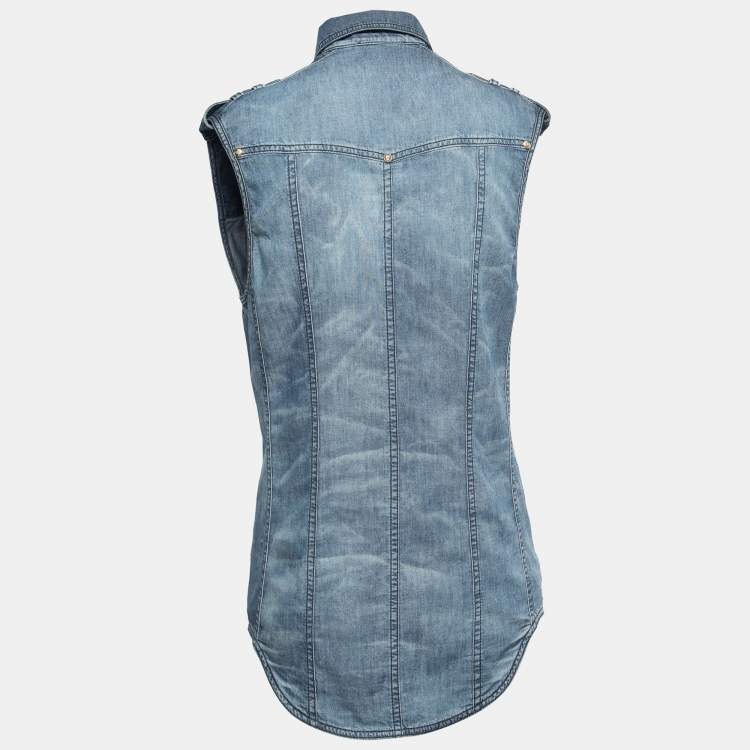 Pre Owned Balmain Blue Faded Effect Denim Pocket Detailed Button Front Sleeveless Shirt S