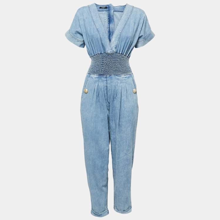 Pre Owned Balmain Blue Chambray Smocked Detail Jumpsuit S