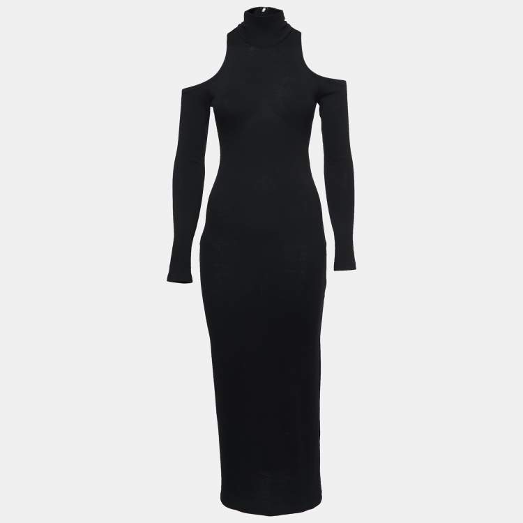 Pre Owned Balmain Black Wool High Neck Off Shoulder Dress M