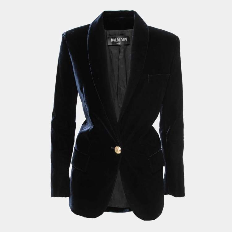 Pre Owned Balmain Dark Blue Velvet Shawl Lapel Blazer M
