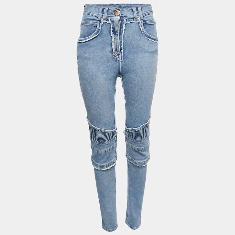 Pre Owned Balmain Blue Denim Quilted Detail Frayed Jeans M Waist 28"