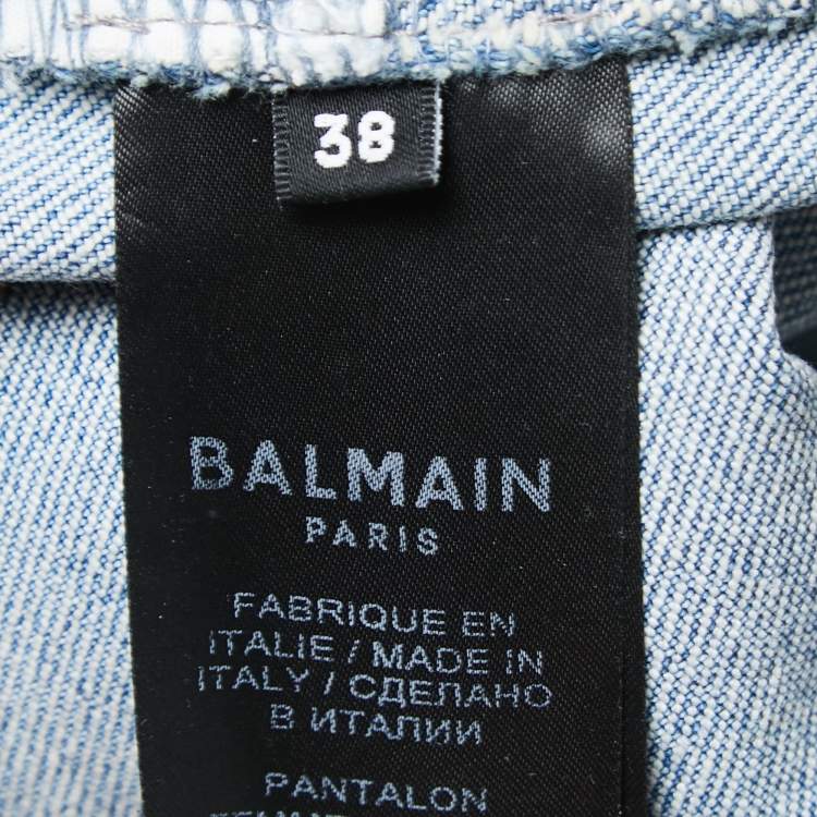 Pre Owned Balmain Blue Denim Quilted Detail Frayed Jeans M Waist 28"
