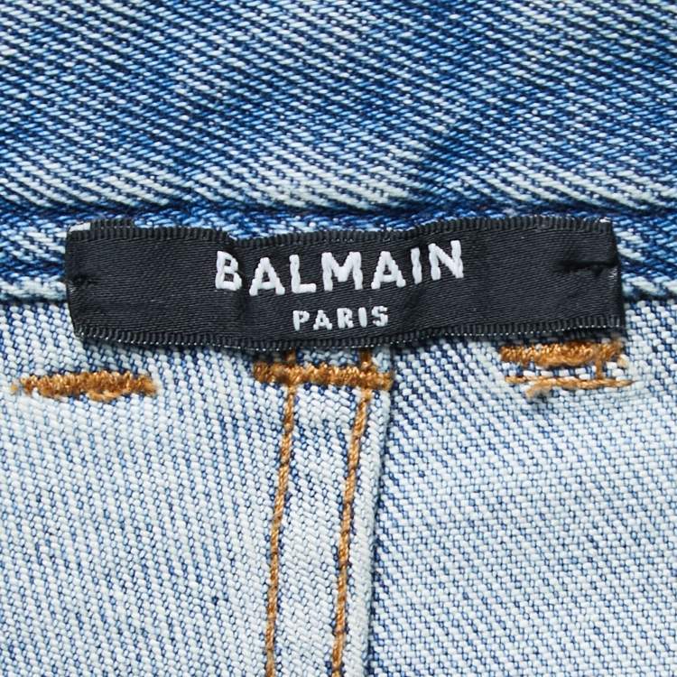 Pre Owned Balmain Blue Denim Quilted Detail Frayed Jeans M Waist 28"