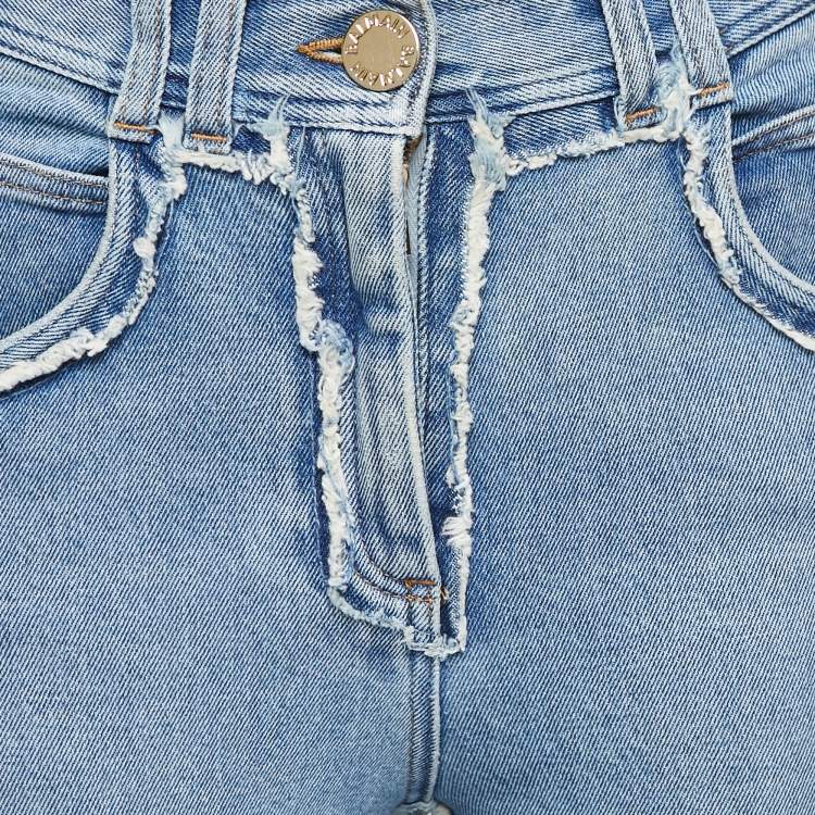 Pre Owned Balmain Blue Denim Quilted Detail Frayed Jeans M Waist 28"