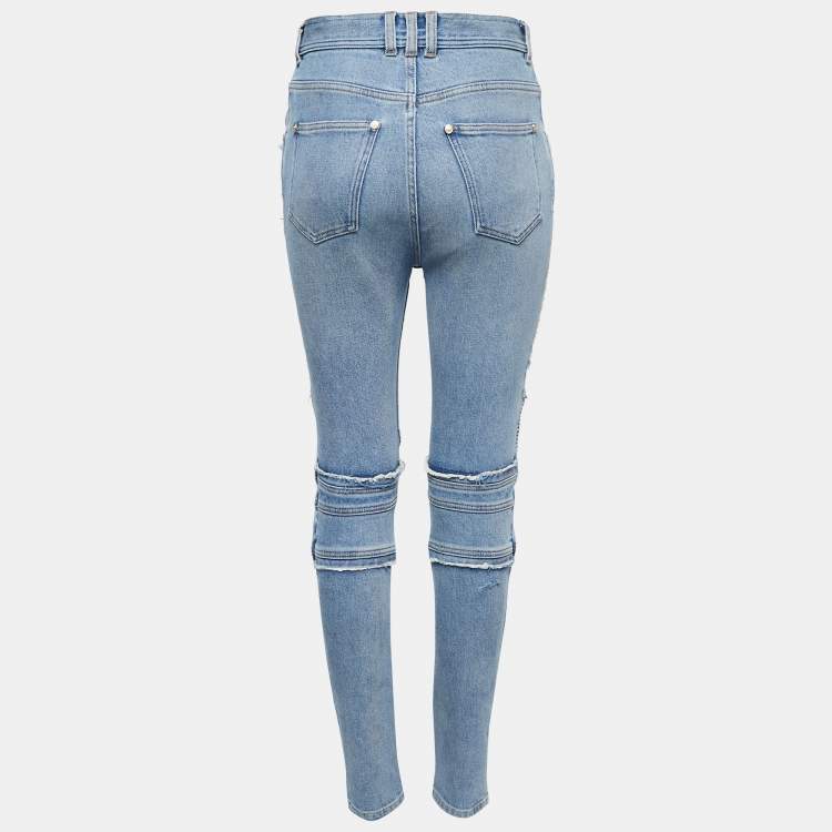 Pre Owned Balmain Blue Denim Quilted Detail Frayed Jeans M Waist 28"
