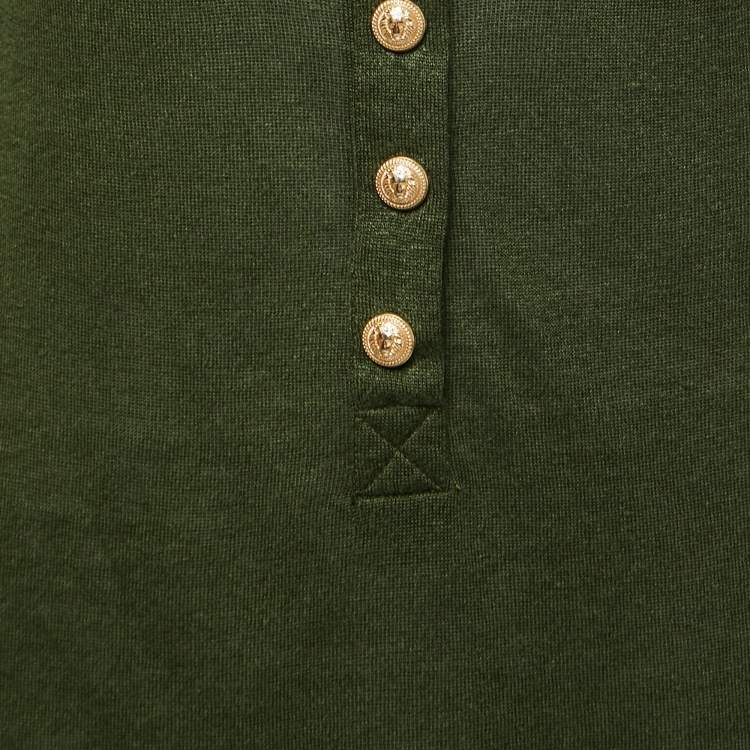 Pre Owned Balmain Green Knit Gold Button Long Sleeve Top M