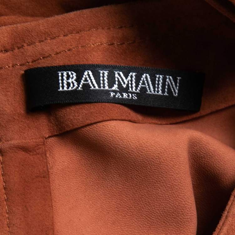 Pre Owned Balmain Brown Suede Short Sleeve Top M