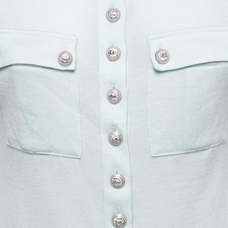 Pre Owned Balmain Light Blue Knit Button Down Long Sleeve Top M