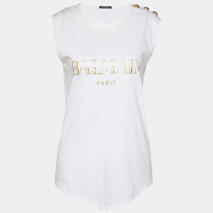 Pre Owned Balmain White Logo Printed Cotton Knit Sleeveless T-Shirt S