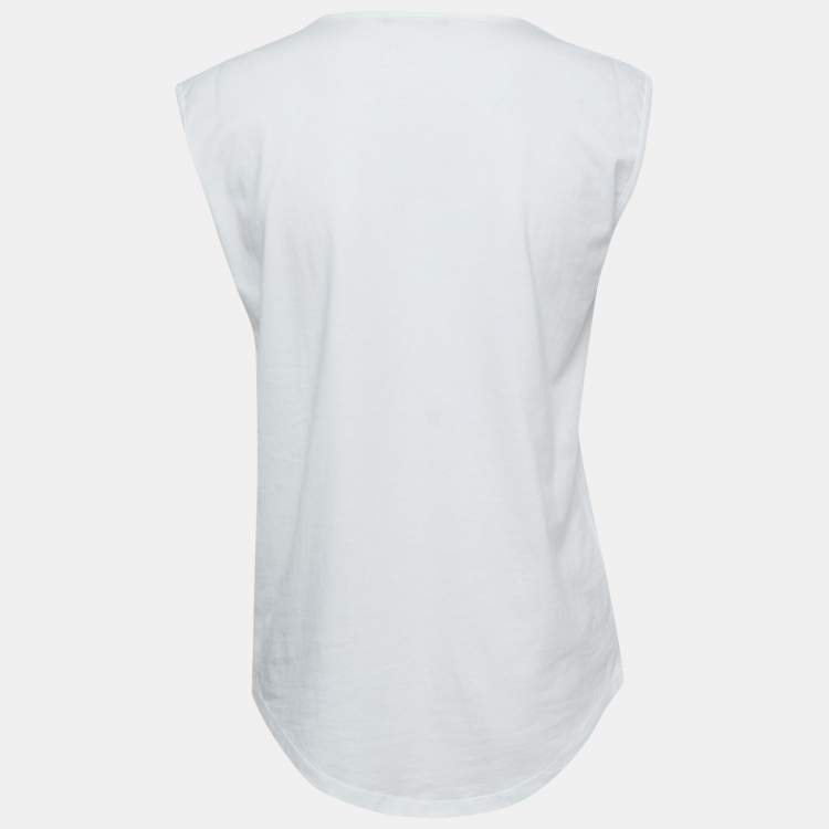 Pre Owned Balmain White Logo Printed Cotton Button Detailed Sleeveless T-Shirt M