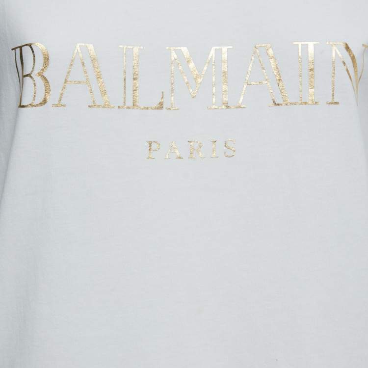 Pre Owned Balmain White Logo Printed Cotton Button Detailed Sleeveless T-Shirt M