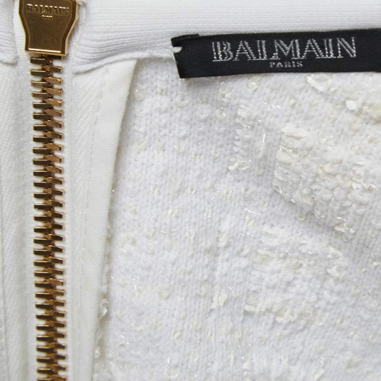Pre Owned Balmain White Boucle Tweed Double-Breasted Fringed Dress S