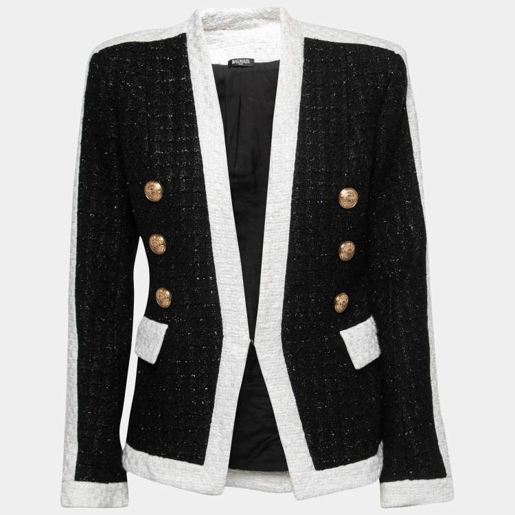 Pre Owned Balmain Black/White Tweed Double Breasted Blazer L