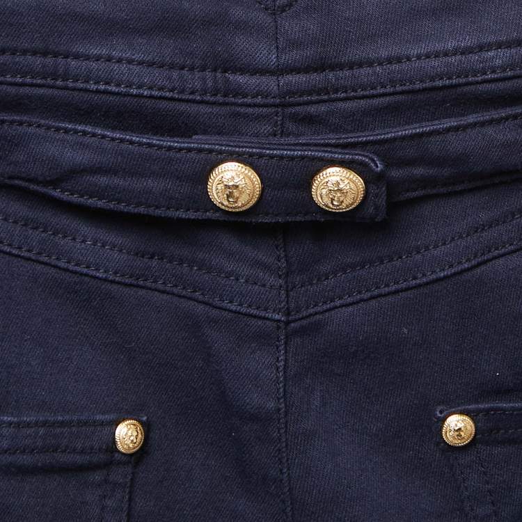 Pre Owned Balmain Navy Blue Denim Button Embellished High Waist Trousers M