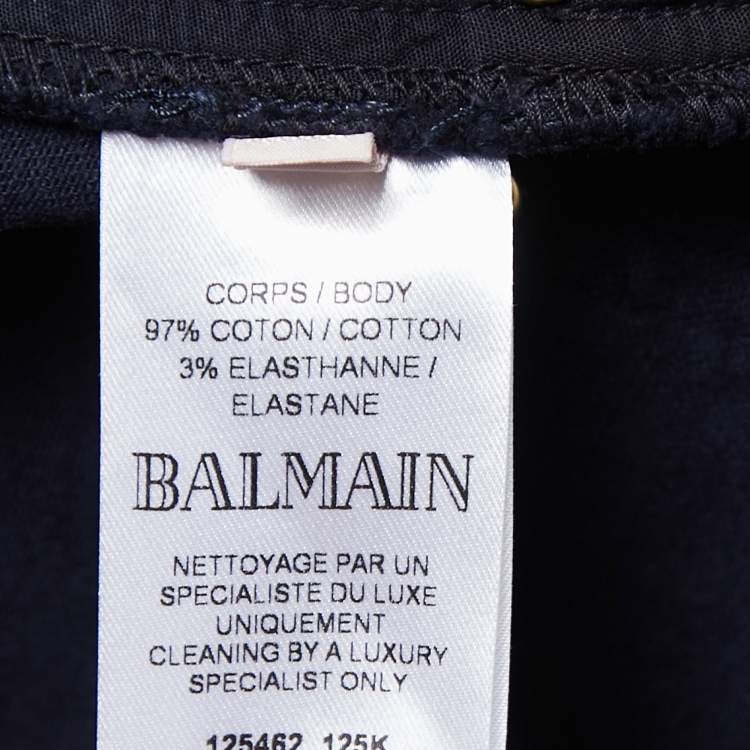 Pre Owned Balmain Navy Blue Denim Button Embellished High Waist Trousers M
