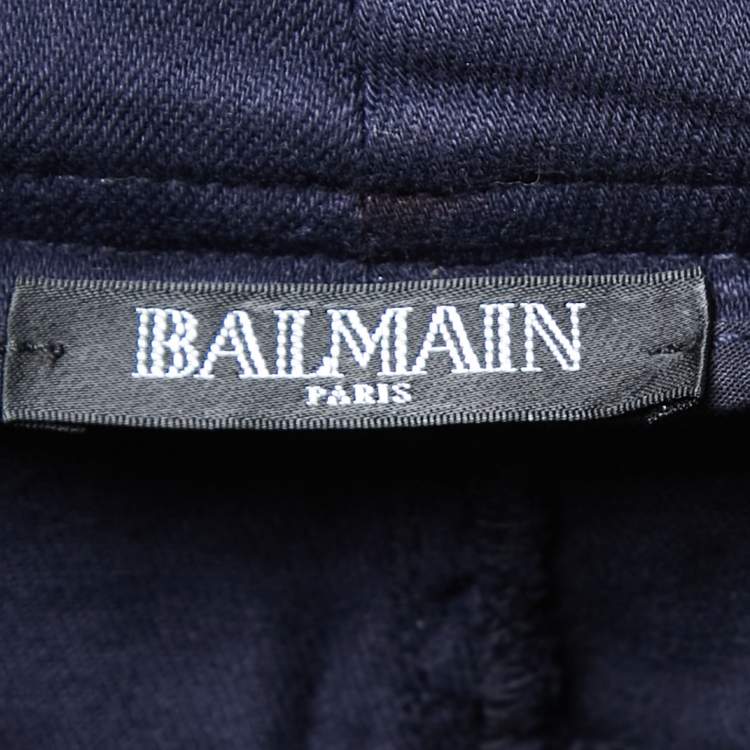 Pre Owned Balmain Navy Blue Denim Button Embellished High Waist Trousers M