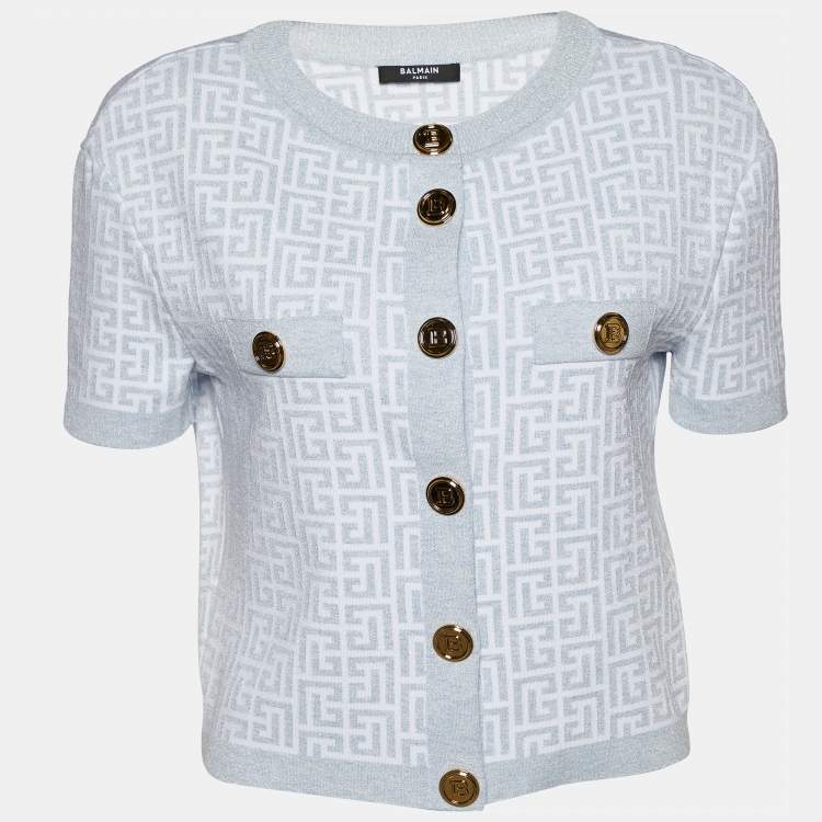 Pre Owned Balmain Light Blue Monogram Lurex Knit Cropped Cardigan M