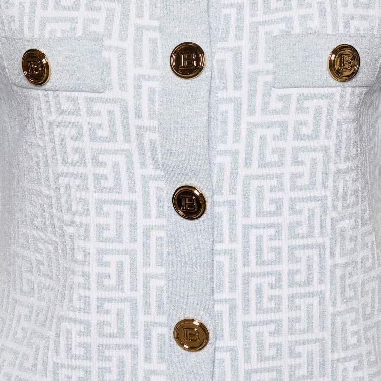 Pre Owned Balmain Light Blue Monogram Lurex Knit Cropped Cardigan M