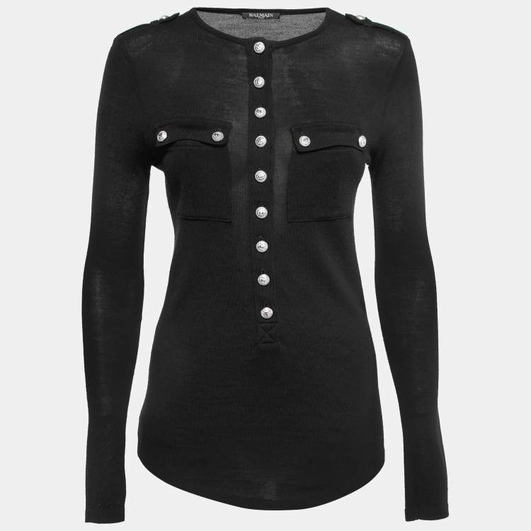 Pre Owned Balmain Black Knit Button Long Sleeve Top S