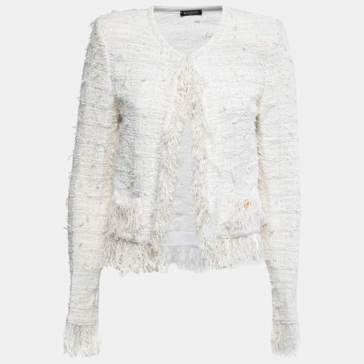 Balmain White Tweed Lurex Fringed Blazer M Balmain TLC