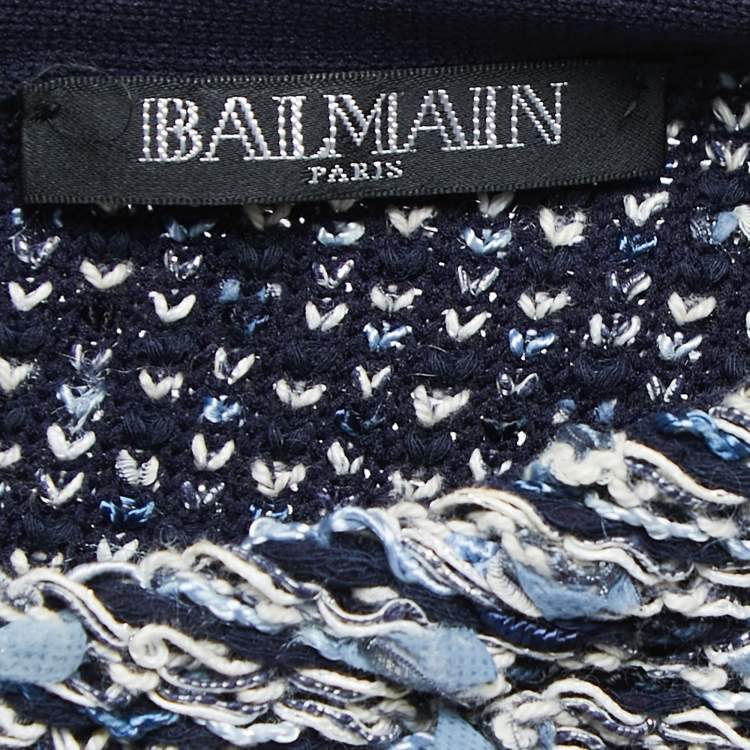 Pre Owned Balmain Blue Stretch Tweed Frayed Long Sleeve Mini Dress S