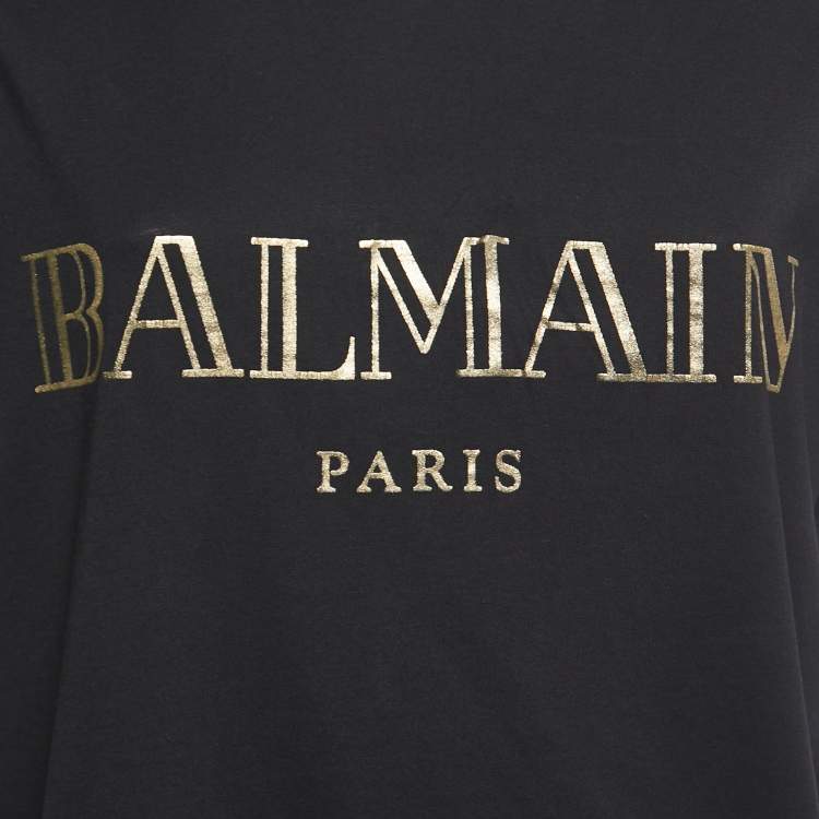 Pre Owned Balmain Black Logo Printed Cotton Buttons Detail Half Sleeve T-Shirt L