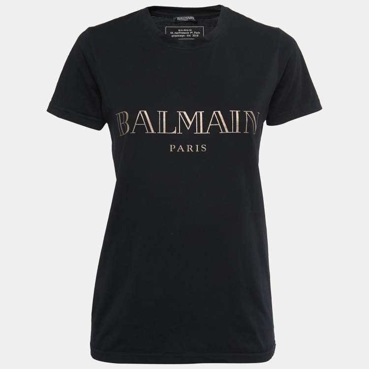 Pre Owned Balmain Black Printed Cotton Crew Neck Half Sleeve T-Shirt XS