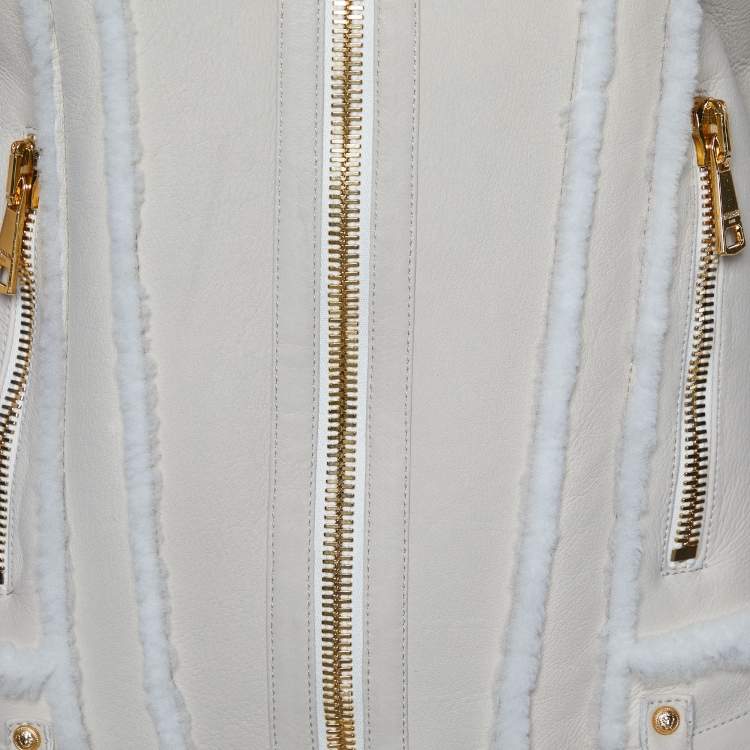 Pre Owned Balmain Beige Leather Shearling Zip Front Jacket S