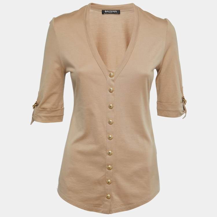Pre Owned Balmain Beige Cotton Knit V-Neck Button Front T-Shirt M