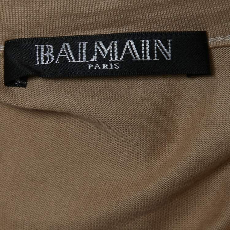 Pre Owned Balmain Beige Cotton Knit V-Neck Button Front T-Shirt M