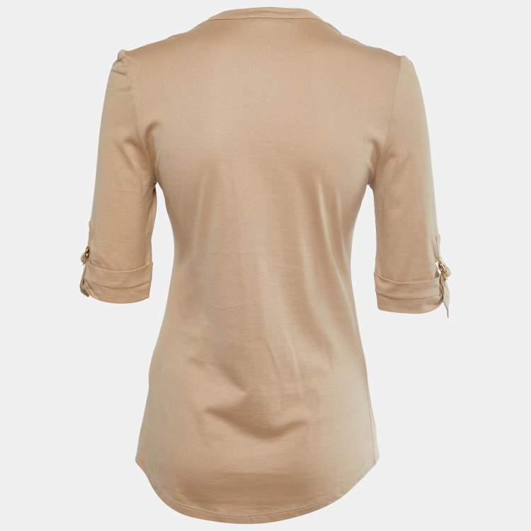 Pre Owned Balmain Beige Cotton Knit V-Neck Button Front T-Shirt M