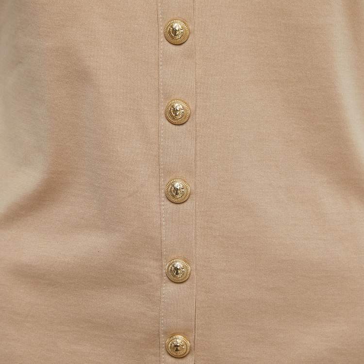 Pre Owned Balmain Beige Cotton Knit V-Neck Button Front T-Shirt M