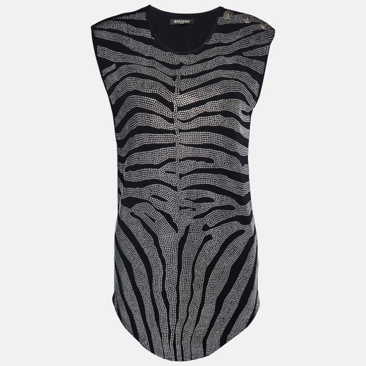 Pre Owned Balmain Black Rhinestone Zebra Pattern Embellished Jersey Sleeveless Top M