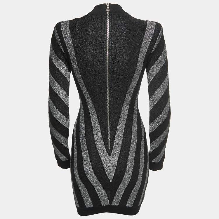 Pre Owned Balmain Black Striped Patterned Lurex Knit Mini Bodycon Dress S