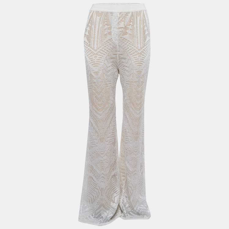 Pre Owned Balmain White Jacquard Knit Wide Leg Pants M