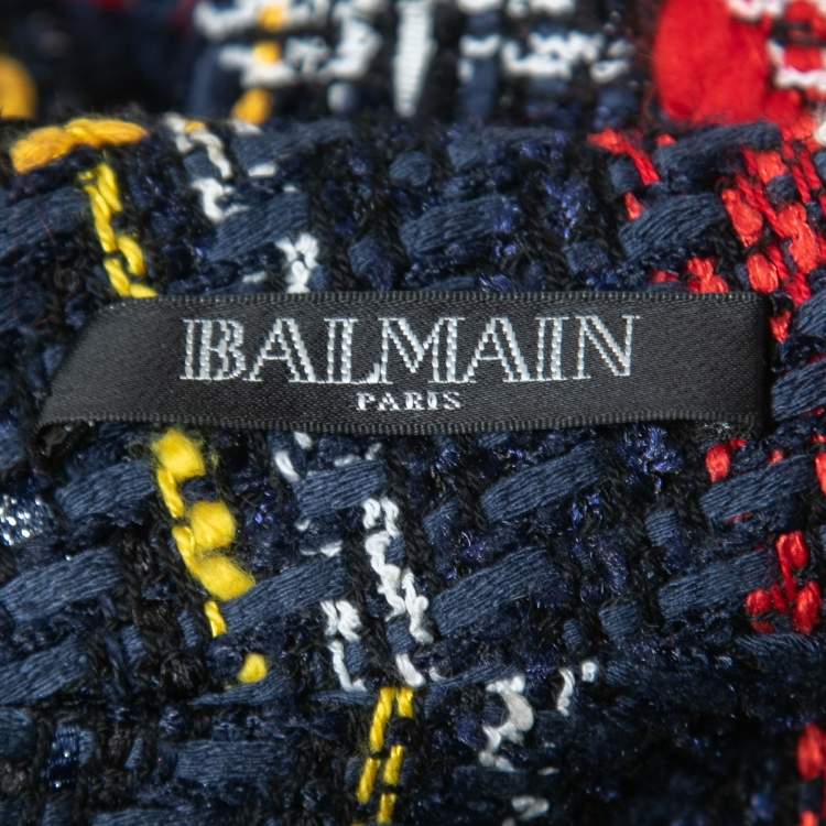 Pre Owned Balmain Navy Blue/Red Plaid Tweed Mini Dress S