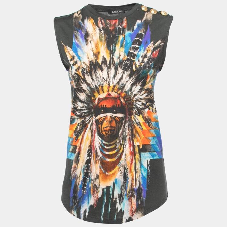 Pre Owned Balmain Dark Green Indian Tribal Print Cotton & Modal Tank Top M