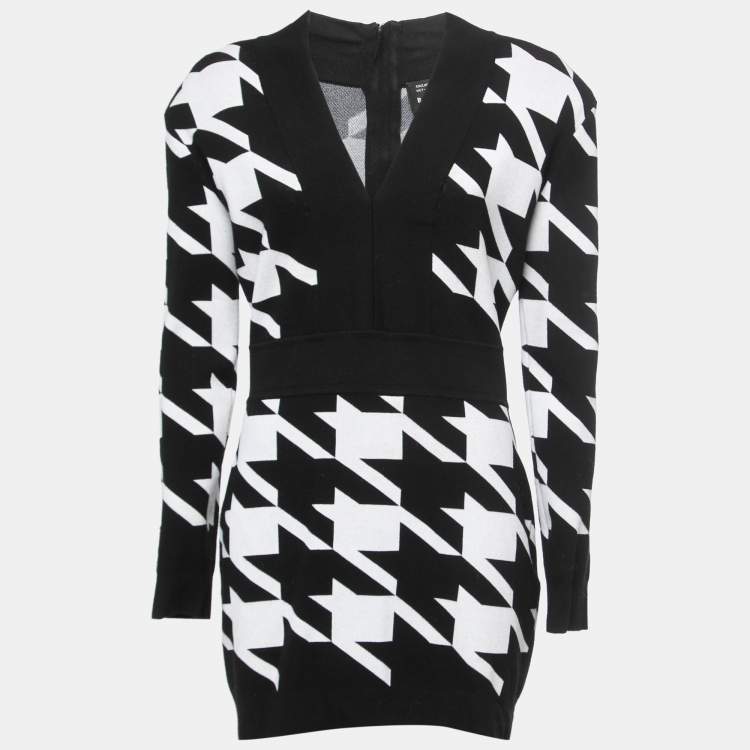 Pre Owned Balmain Black Stretch Knit Houndstooth Mini Dress L