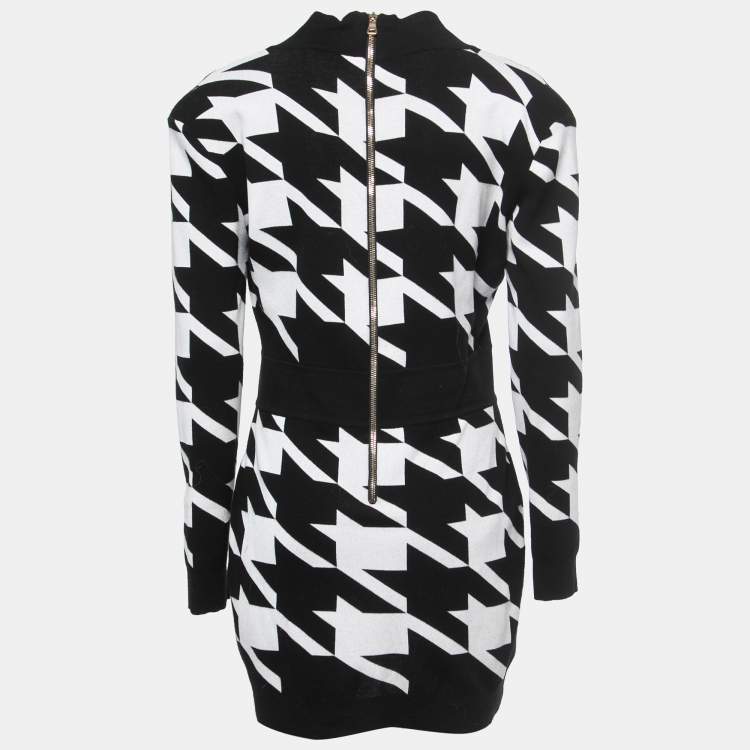 Pre Owned Balmain Black Stretch Knit Houndstooth Mini Dress L