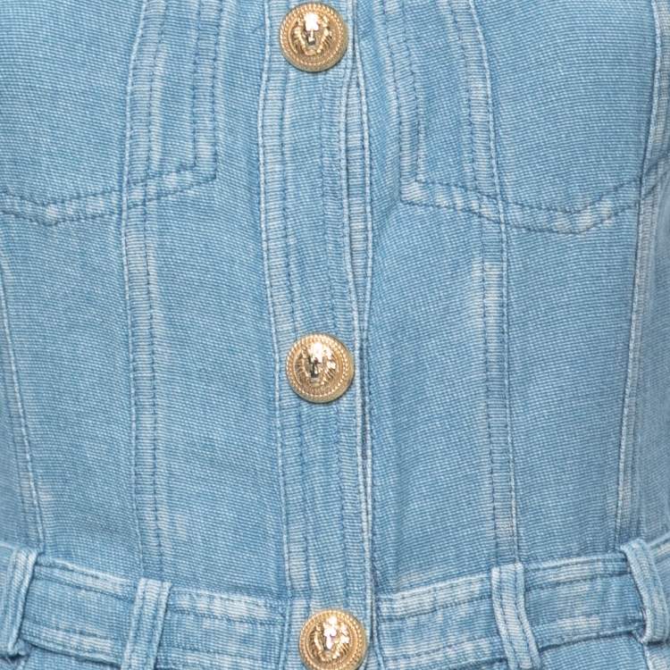 Pre Owned Balmain Blue Denim Buttoned Sleeveless Long Dress S