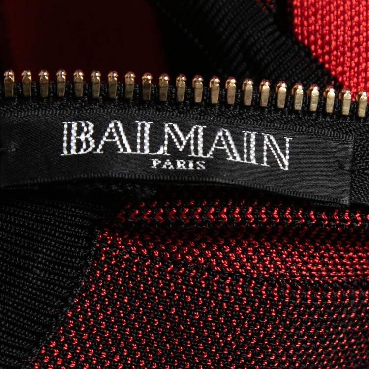Pre Owned Balmain Black/Red Knit Pleated Halterneck Mini Dress S