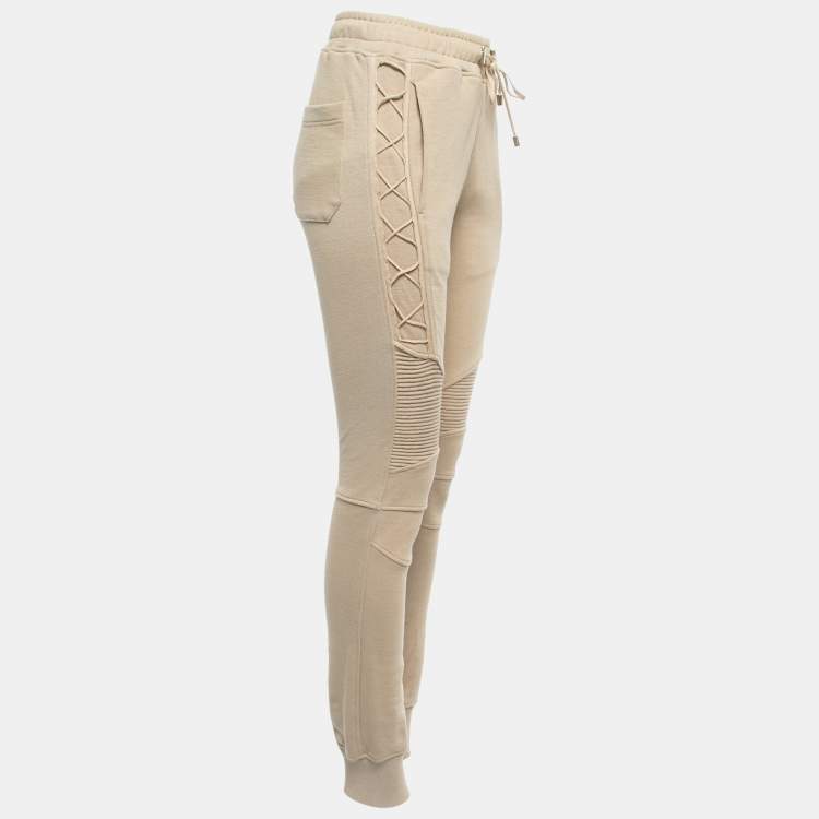 Pre Owned Balmain Beige Cotton Drawstring Lace-Up Detail Joggers XS