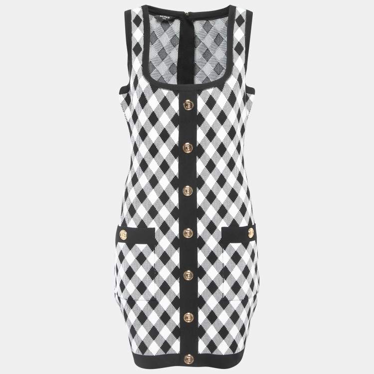 Pre Owned Balmain Black/White Diamond Patterned Knit Sleeveless Bodycon Dress XL