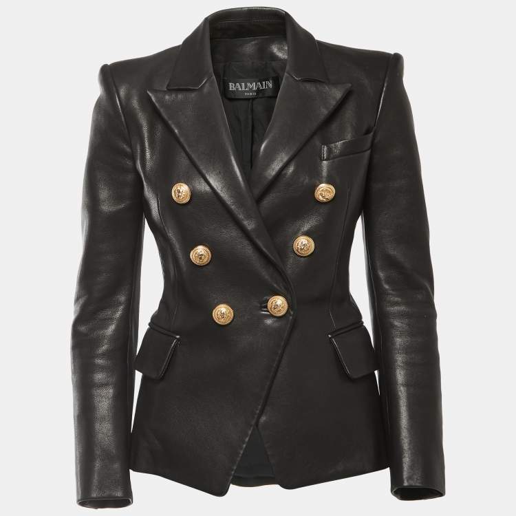 Pre Owned Balmain Black Leather Double Breasted Jacket S