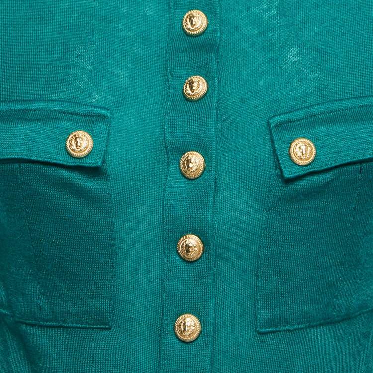 Pre Owned Balmain Green Knit Gold Button Detailed Long Sleeve T-Shirt M