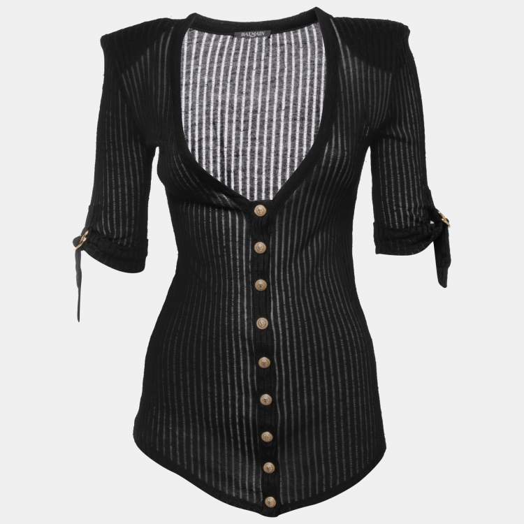 مملوكة مسبقًا Balmain Black Knit Button Front Folded Sleeve Top S