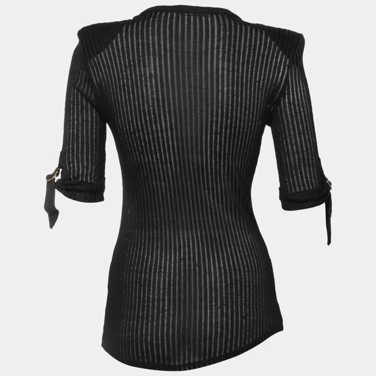 مملوكة مسبقًا Balmain Black Knit Button Front Folded Sleeve Top S