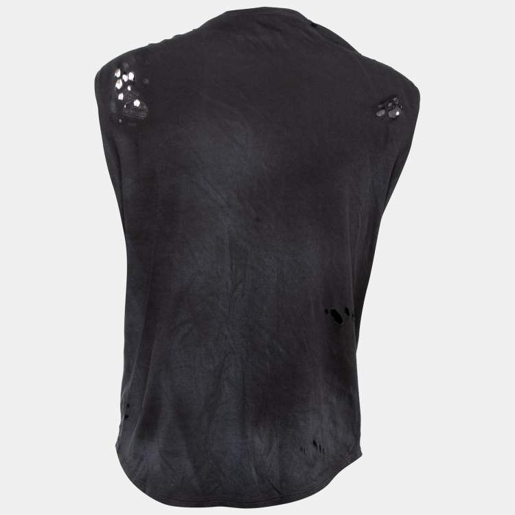 Pre Owned Balmain Black Tiger Print Distressed Cotton Button Detailed Sleeveless T-Shirt M