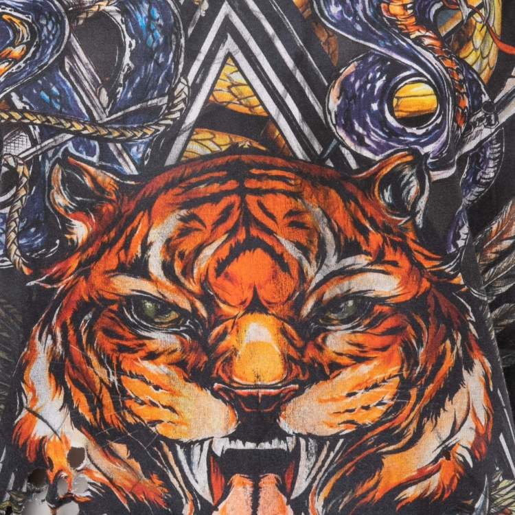 Pre Owned Balmain Black Tiger Print Distressed Cotton Button Detailed Sleeveless T-Shirt M