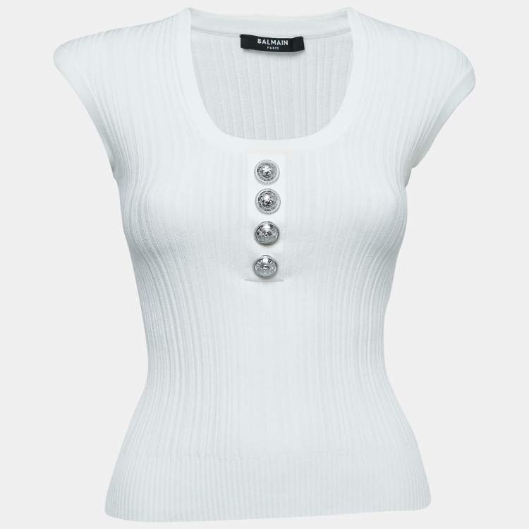 Pre Owned Balmain White Ribbed Knit Scoop-Neck Top S